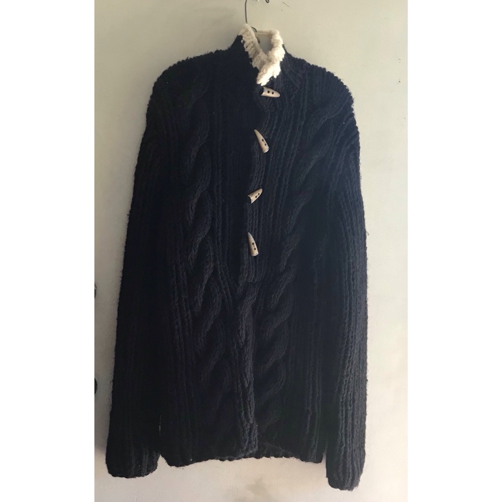 Club Monaco Black Cable-Knit Cardigan with Contrast Collar